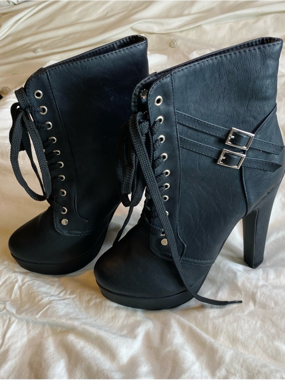 New Black High Heel Lace Up Boots with Buckle Detail